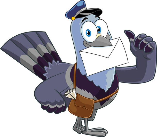 Pigeon Bird Cartoon Character Delivering Letter And Giving Thumbs Up. Raster Illustration Isolated On White Background - Vector, Image