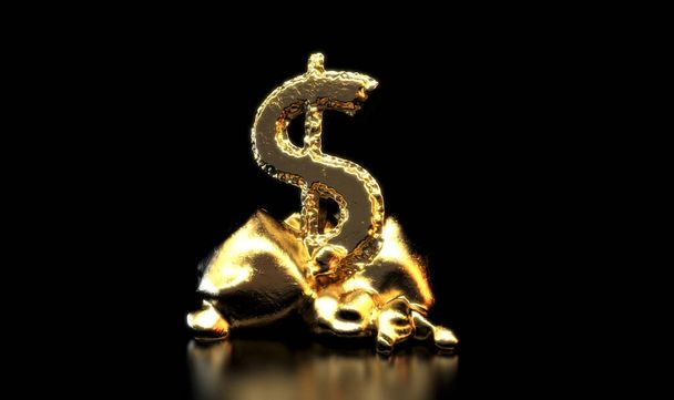 Un trozo de oro cincelado para formar una forma de dólar apuntalado por un soporte de rocas ásperas sobre un fondo oscuro aislado - 3D render - Foto, Imagen