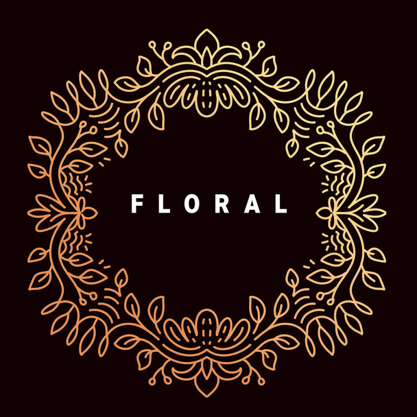 Vector golden color template with text floral and ornament round frame on dark background - Вектор, зображення