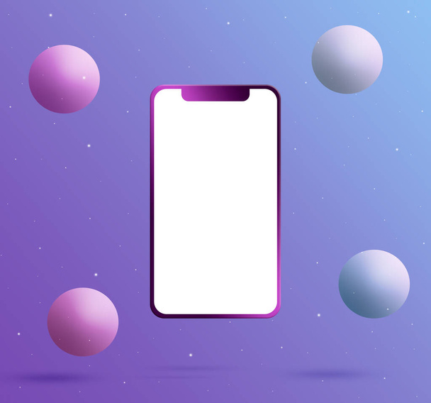 Teléfono con una pantalla en blanco y bolas de color azul-rosa alrededor. Dispositivo genérico de burla. Marco del teléfono inteligente con pantalla en blanco. Dispositivos tecnológicos. Renderizado 3D - Foto, Imagen