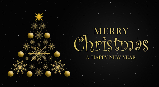 Merry Christmas banner with a tree made of golden snowflakes and christmas balls. Happy new year. Happy holidays. 3D rendering - Foto, imagen