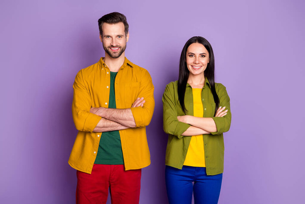 Portrait of his he her she nice attractive pretty cheerful cheery couple folded arms isolated over bright vivid shine vibrant lilac violet purple color background - Foto, Bild