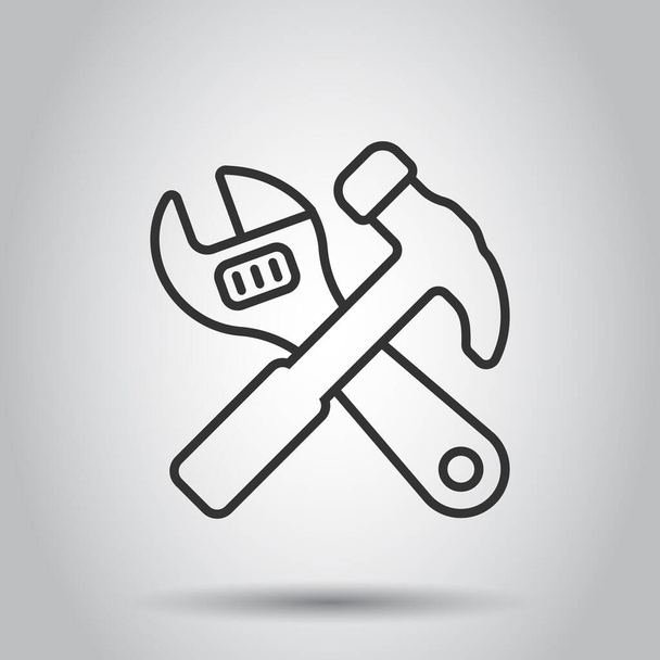 Hammer mit Schraubenschlüssel-Symbol im flachen Stil. Darstellung des Arbeitsinstrumentenvektors auf weißem, isoliertem Hintergrund. Geschäftskonzept für Reparaturausrüstung. - Vektor, Bild