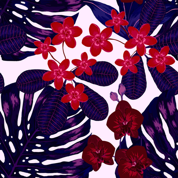 Aquarel naadloos patroon met tropische bladeren en bloemen. Mooie allover print met handgetekende exotische planten. Badmode botanisch ontwerp. Vector. Vintage exotische print. - Vector, afbeelding