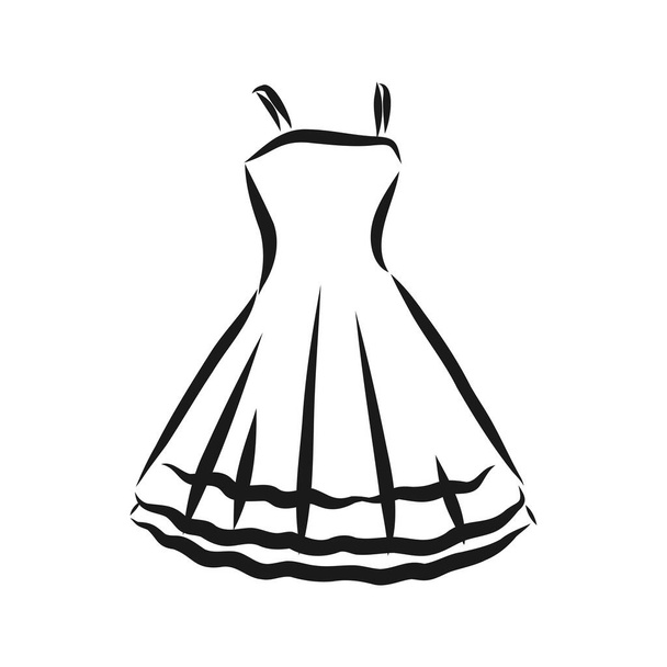 Vector illustration of a women's dress with short sleeves and a long skirt, buttons on the chest and a cute collar. Coloring book on the theme of women's clothing, dresses for girls. - Vector, imagen