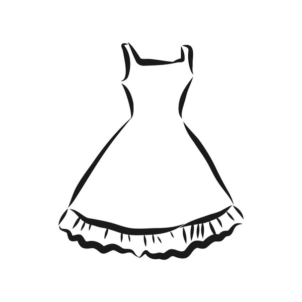 Векторная иллюстрация женского платья с короткими рукавами и длинной юбкой, пуговицами на груди и милым воротником. Раскраска книги на тему женской одежды, платья для девочек. - Вектор,изображение