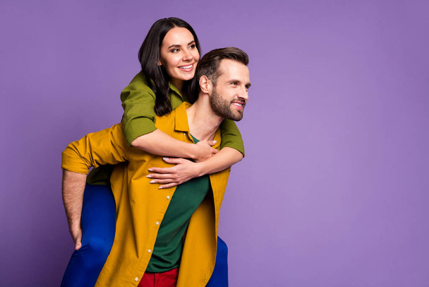 Portrait of his he her she nice attractive lovely cheerful cheery dreamy couple piggy backing having fun weekend isolated on bright vivid shine vibrant lilac violet purple color background - Foto, immagini