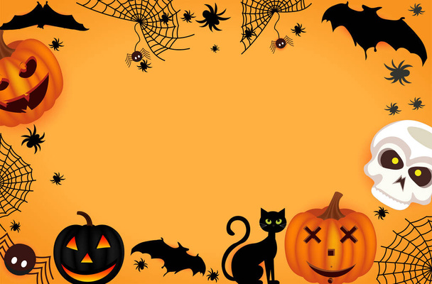 Feliz Halloween. Casa de brujas, calabaza, árbol y luna con cara feliz sobre fondo verde oscuro nocturno. Ilustración vectorial. EPS10 - Vector, Imagen