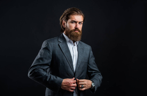 Man with beard wear grey suit corporate style, fashion stylist concept - Fotografie, Obrázek