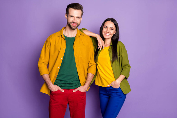 Profile photo pretty lady handsome guy couple good mood business partners confident two people workers wear casual shirts pants clothes isolated purple color background - Photo, Image