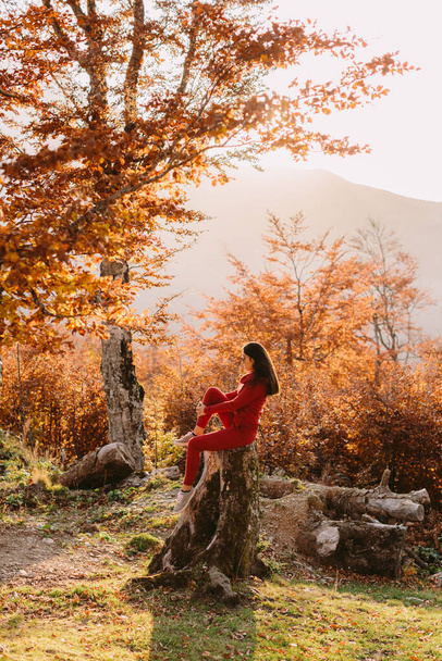 woman relax in autumn forest - Photo, Image
