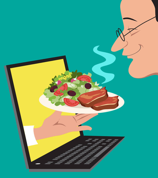 A hand coming out of a computer screen offering a dish to a person who is ordering food on-line, EPS 8 vector illustration - Vector, Image