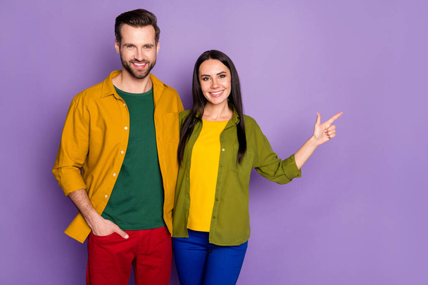 Portrait of his he her she nice attractive cheerful cheery confident glad couple embracing showing copy space advert isolated on bright vivid shine vibrant lilac violet purple color background - Fotografie, Obrázek