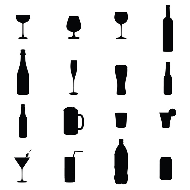 Set Of Sixteen Drinks Black Silhouette Vector Illustrations - Vector, Image
