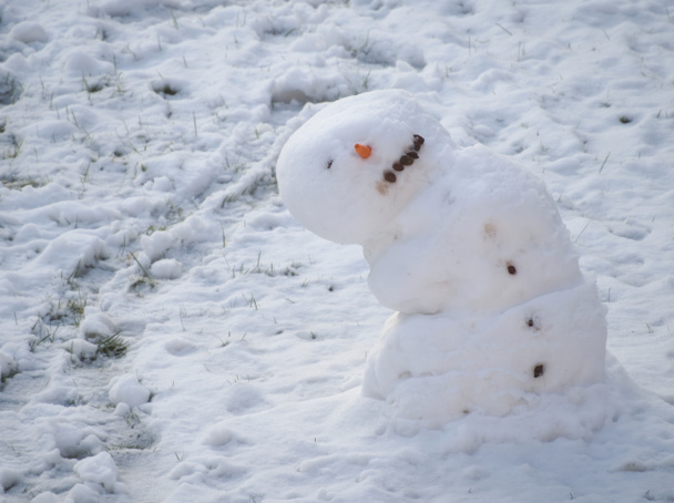 Yksisilmäinen sulava lumiukko nojasi sivulle - Valokuva, kuva
