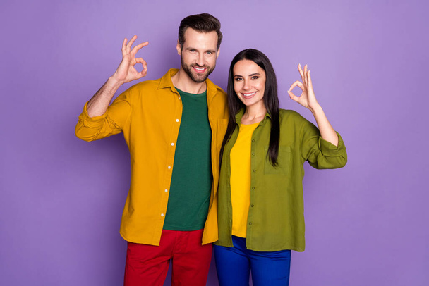 Portrait of his he her she nice attractive lovely cheerful cheery glad content couple embracing showing ok-sign isolated over bright vivid shine vibrant lilac violet purple color background - Fotoğraf, Görsel