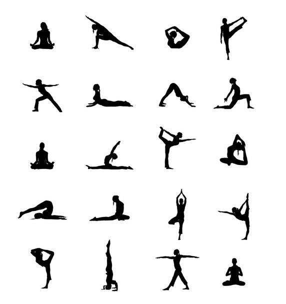 Set Of 20 Yoga Positions Black Vector Silhouettes Illustration - Vector, Image