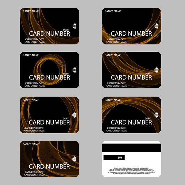 Joukko bonuskortteja kultaisilla aalloilla. Suunnittelu pankkikortteja. Todistukset - Vektori, kuva