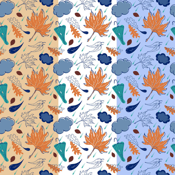 La forêt d'automne laisse un motif sans couture. Conception de silhouettes graphiques dessinées à la main. Monotine sur teintes bleues de feuilles, tremble, érable, chêne, parapluie. Couleur de fond pour votre choix - Vecteur, image