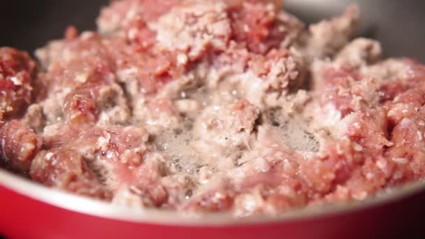 receta clásica de estofado de carne jugosa caliente, vista lateral desde arriba, cocina de cerca - Metraje, vídeo