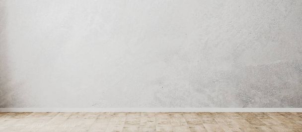 Empty concrete wall background, empty room with gray decorative plastic wall and wooden floor, panorama, 3d rendering - Photo, Image