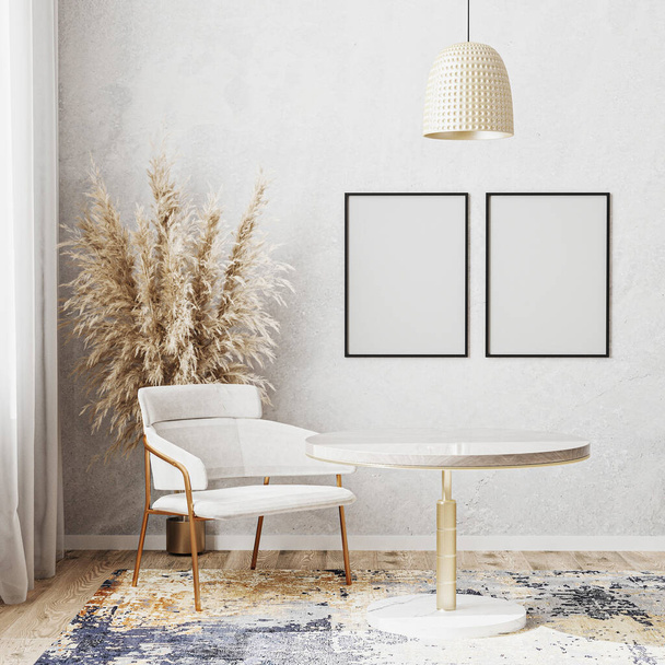 Modèle de cadre d'affiche vierge dans une pièce lumineuse avec table à manger ronde de luxe, chaise blanche, tapis design moderne, style scandinave, rendu 3D - Photo, image