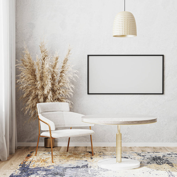 Κενό οριζόντιο πλαίσιο εικόνας mockup σε φωτεινό δωμάτιο με πολυτελές στρογγυλό τραπέζι τραπεζαρία, λευκή καρέκλα, μοντέρνο σχεδιασμό χαλί, σκανδιναβικό στυλ, 3D απόδοση - Φωτογραφία, εικόνα