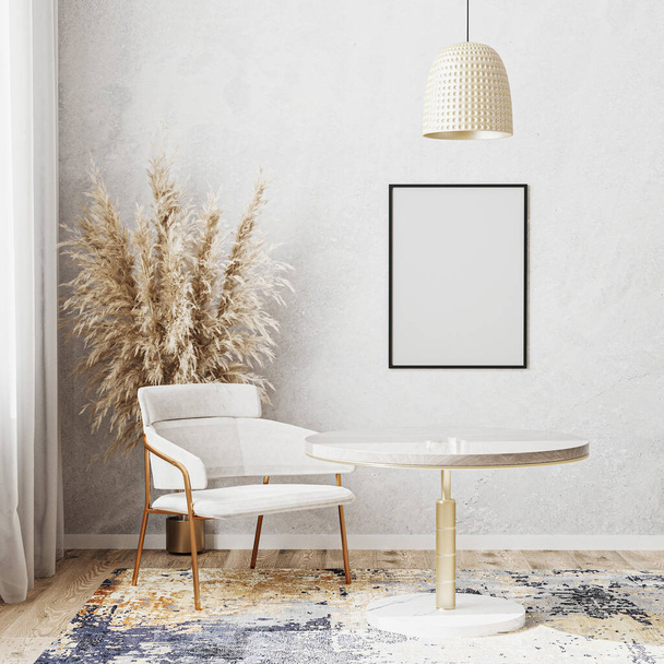 Marco del cartel en blanco maqueta en habitación luminosa con mesa de comedor redonda de lujo, silla blanca, alfombra de diseño moderno, estilo escandinavo, representación 3d - Foto, imagen