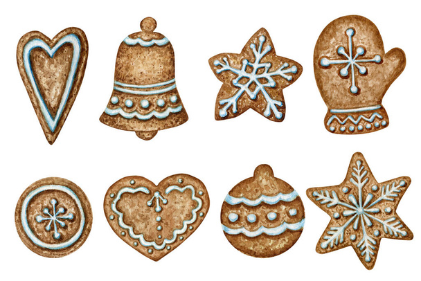 Boże Narodzenie pierniki ciasteczka zestaw, rękawica dzwon serca zima wakacje słodkie jedzenie. Ilustracja akwarela izolowane na białym tle. Prezent świąteczny i dekoracje choinkowe. Koncepcja projektu karty okolicznościowej - Zdjęcie, obraz