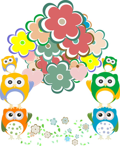 owls, birds, flowers, cloud and love heart - Foto, Imagen