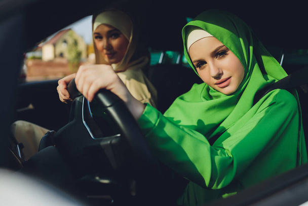 Arabic young Woman Couple Traveling By Car. - Photo, image
