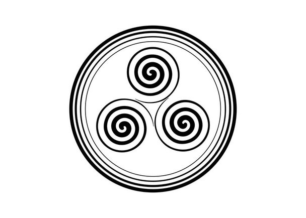 Triskelion nebo symbol triskele. Trojitý spirálový keltský znak. Wiccan symbol plodnosti kulaté logo design. Umění tisk tetování jednoduché ploché černé vektorové ilustrace izolované na bílém pozadí  - Vektor, obrázek