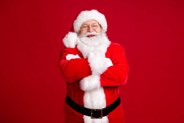 Photo of crazy funky fat santa claus cross hands x-mas christmas newyear party wear red costume belt headwear isolated over bright shine color background - Fotoğraf, Görsel