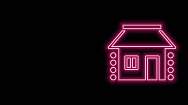 Светящаяся неоновая линия Староукраинская икона домика изолирована на черном фоне. Традиционный деревенский дом. Видеографическая анимация 4K - Кадры, видео