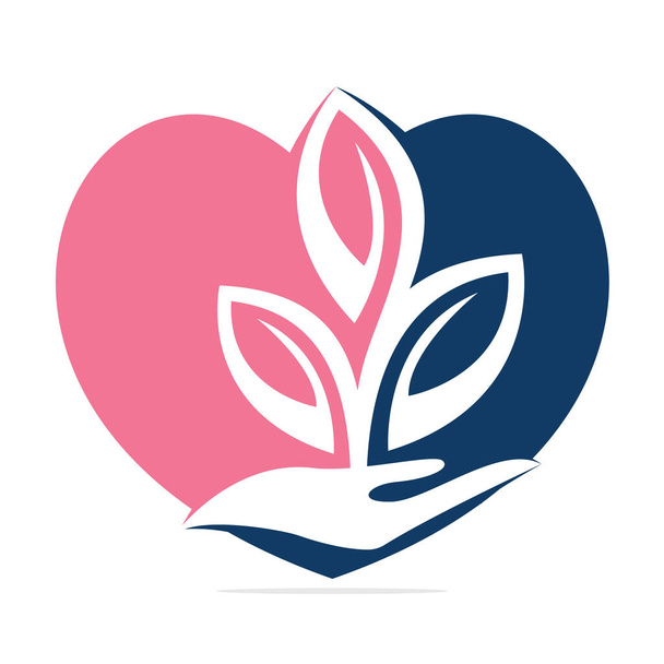 Love Plant in Hand Vector Σχεδιασμός λογότυπου. Φυσικά προϊόντα σε σχήμα καρδιάς. Λογότυπο καλλυντικών και Spa. - Διάνυσμα, εικόνα