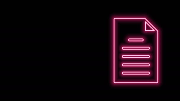 Leuchtende Leuchtschrift Dateidokumentsymbol isoliert auf schwarzem Hintergrund. Checklisten-Symbol. Geschäftskonzept. 4K Video Motion Grafik Animation - Filmmaterial, Video