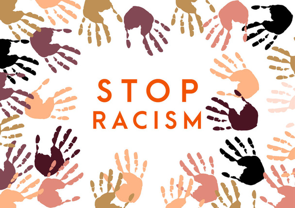 Σταματήστε την εικόνα ρατσισμού. Αφίσα κινήτρων κατά του ρατσισμού και των διακρίσεων. Πολλά αποτυπώματα χεριών διαφορετικών φυλών μαζί. Εικονογράφηση διανύσματος - Διάνυσμα, εικόνα