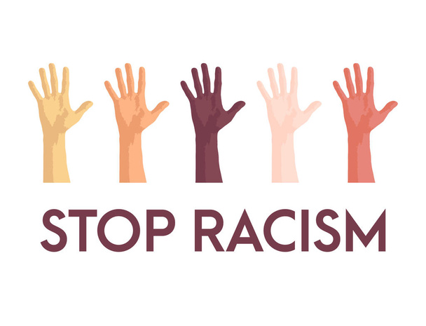 Zatrzymaj ikonę rasizmu. Plakat motywacyjny przeciwko rasizmowi i dyskryminacji. Wiele odcisków dłoni różnych ras razem. Ilustracja wektora - Wektor, obraz