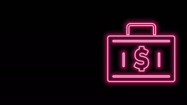 Ragyogó neon vonal Aktatáska és pénz ikon elszigetelt fekete háttérrel. Üzleti ügyirat. Üzleti portfólió. Pénzügyi irányítás. 4K Videó mozgás grafikus animáció - Felvétel, videó