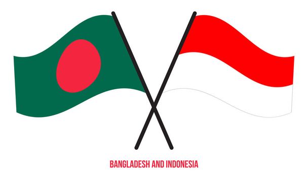 Bangladesh en Indonesië vlaggen gekruist en zwaaien platte stijl. Officiële proportie. Juiste kleuren. - Vector, afbeelding