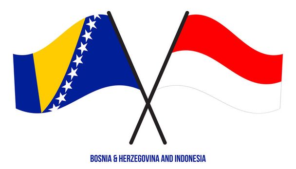 Bósnia e Herzegovina e Indonésia bandeiras cruzadas e acenando estilo plano. Proporção oficial Cores. - Vetor, Imagem