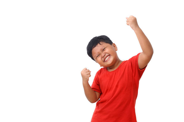 Portrait of delighted asian boy shouting and clenching fists like winner or lucky person isolated over white background - Foto, afbeelding