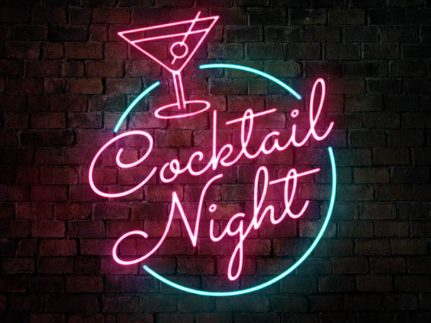 Cocktail night neon sign of a bar or pub agaisnt a rustic brick background. Cocktail or ladies drink promo concept. - Photo, Image