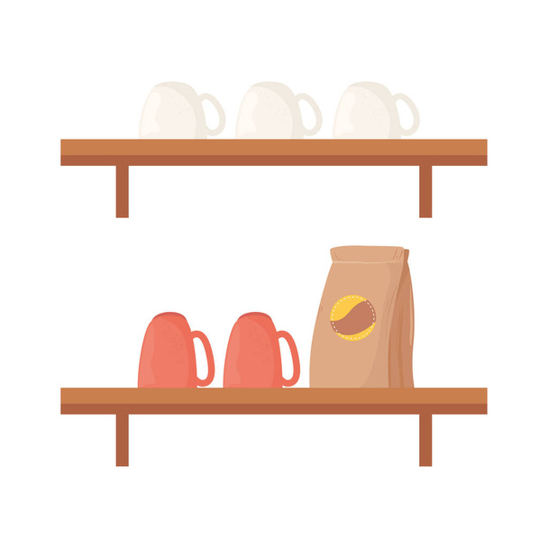 café frijoles bolsa tazas y tazas en estantes diseño de vectores - Vector, Imagen