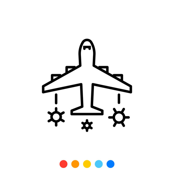 Ikona liniowa samolotu z symbolem wirusa lub pandemii, wektor. - Wektor, obraz
