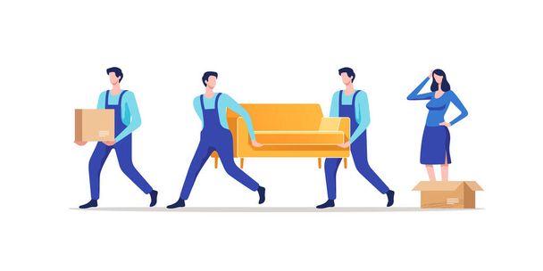 Moving house. Woman packing stuff to move to new house or apartment. Men carrying sofa and cardboard box. Vector illustration. - Vector, Image