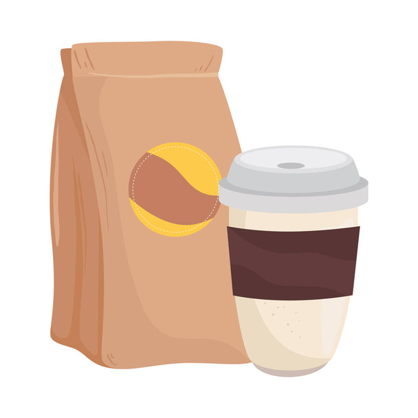 café frijoles bolsa y taza vector diseño - Vector, Imagen