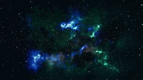 4K背景に輝く輝く星の粒子の動き、宇宙背景にある銀河の星の青と緑の星雲。この画像はNASAによって提供された - 映像、動画