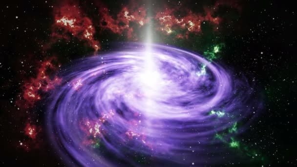 4K fialová spirálová galaxie na třpytivém pozadí pohybu hvězdných částic, hvězdicově červená a zelená mlhovina v galaxii vesmírného prostoru. Tento prvek poskytl NASA - Záběry, video