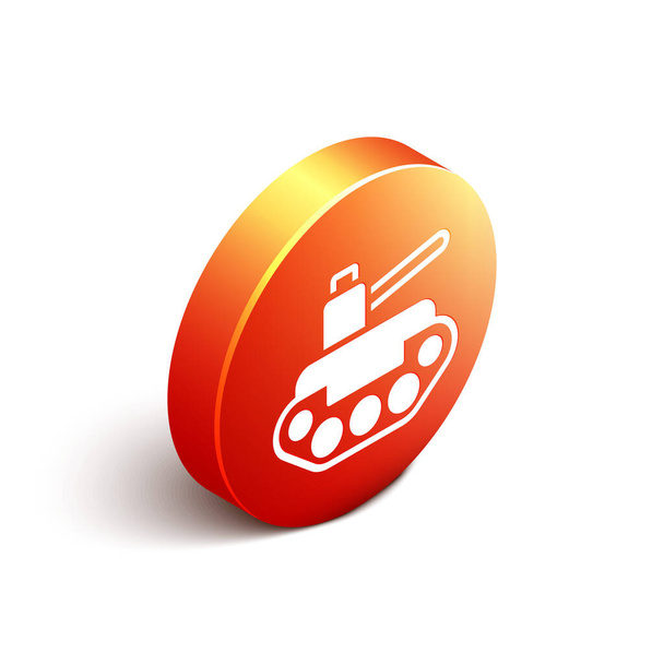 Isometrisches Militärpanzer-Symbol auf weißem Hintergrund. Orangefarbener Kreis. Vektor. - Vektor, Bild
